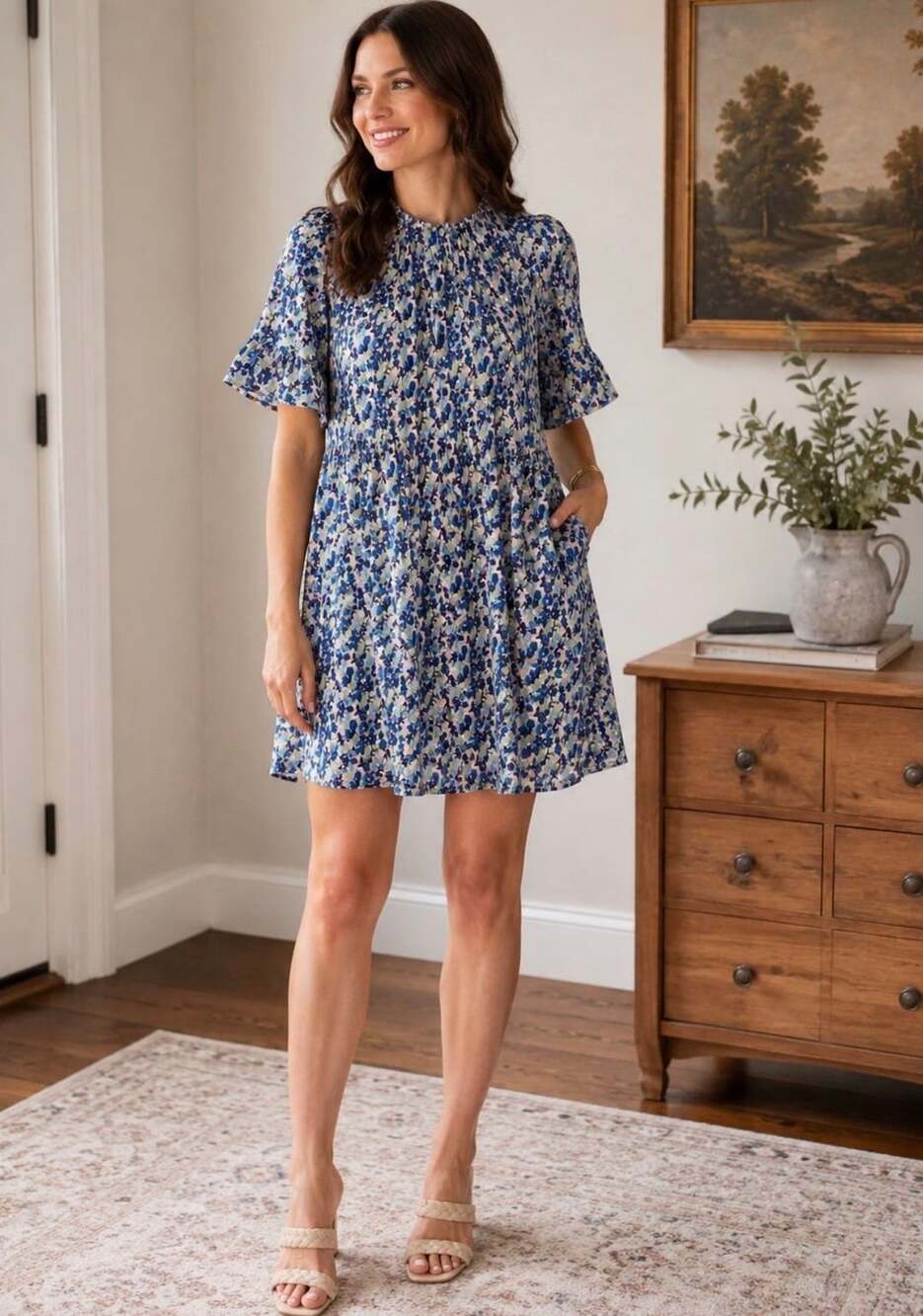Melloday Blue Floral Ruffle Tiered Dress Size S (L1)